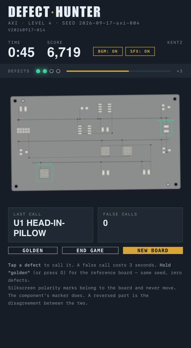 Defect Hunter AXI mode — X-ray view of a bare board, spotting a head-in-pillow solder joint hidden under a BGA package