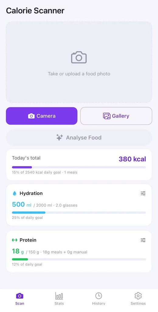 CalorieScanner scan tab — camera and gallery buttons, today's total of 380 out of 2,540 kcal, plus hydration and protein progress bars