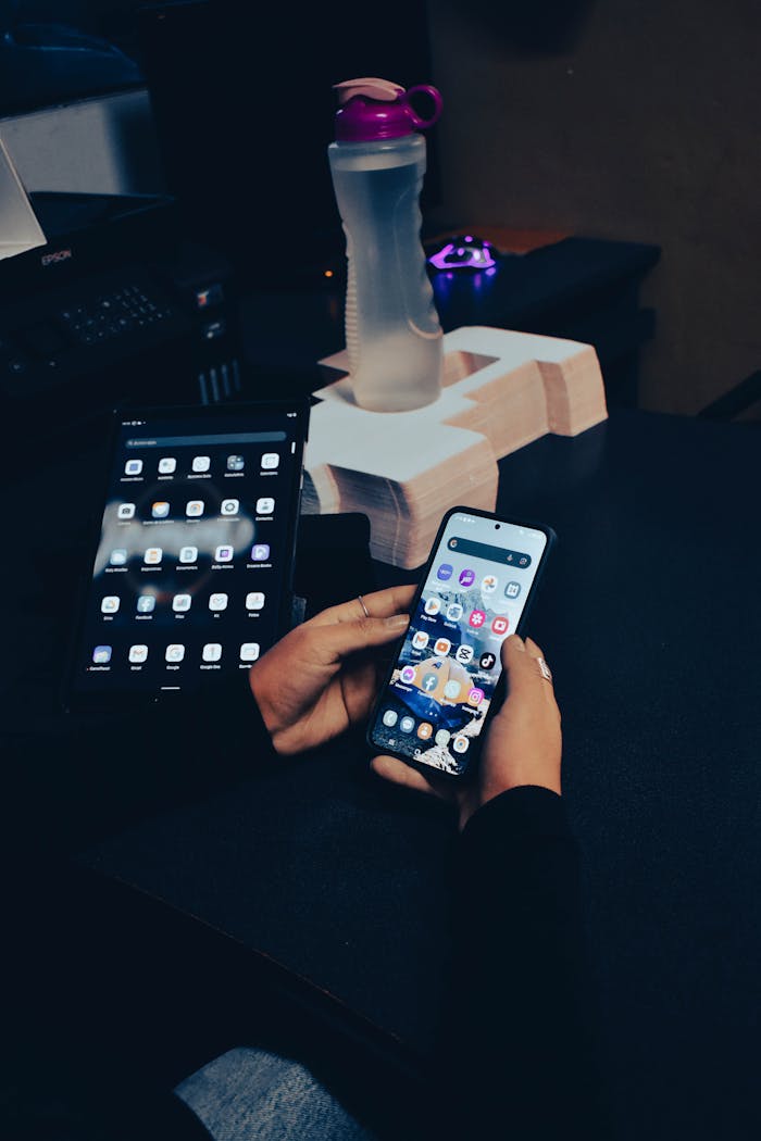 A person multitasking with a smartphone and tablet on a desk, showcasing modern technology usage.