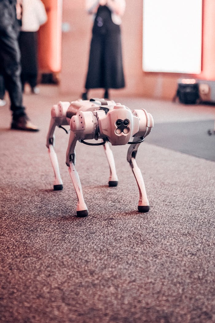 contact-img Robotic dog displayed at a tech event showcasing innovative technology.